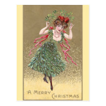 Lady with Mistletoe Dress Vintage Christmas Postcard