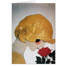 LADY WITH RED ROSE CARD
