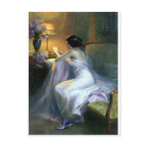 lady woman reading letter antique painting art postcard