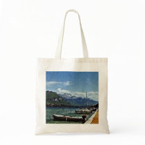 Lake Boats and Mountains in Annecy France Tote Bags
