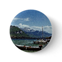Lake Boats and Mountains in Annecy France Button
