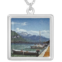 Lake Boats and Mountains in Annecy France Custom Necklace