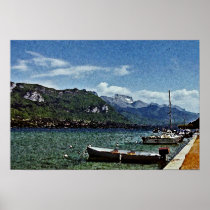 Lake Boats and Mountains in Annecy France Poster