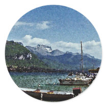 Lake Boats and Mountains in Annecy France Round Sticker