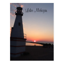 Lake Michigan Sunset Lighthouse Postcard