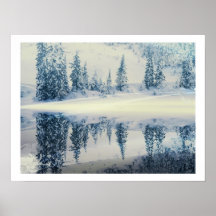 Lakeside Snow Tree Reflections Poster