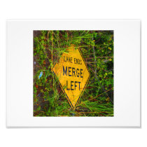 Lane Ends. Merge Left. Bright yellow roadsign Art Photo