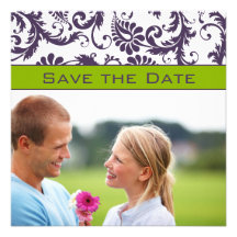 Lapis Purple & Apple Green Damask Save the Date Personalized Announcement