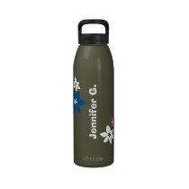 Large modern flower print personalized name grey water bottles