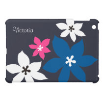 Large modern flower print personalized navy pink ipad mini cases