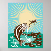 largemouth bass jumping catching frog poster