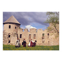 Latvian girls in traditional dress, singing