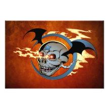 Laughing Flaming Eyeballs Skull with Bat Wings Photo Print