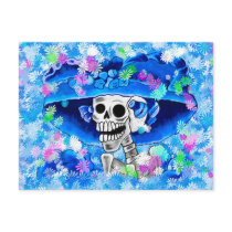 Laughing Skeleton Woman in Blue Bonnet on Blue Post Cards