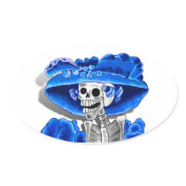 Laughing Skeleton Woman in Blue Bonnet Oval Sticker