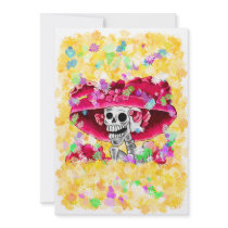 Laughing Skeleton Woman in Red Bonnet Custom Invitation