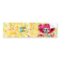 Laughing Skeleton Woman in Red Bonnet on Yellow Bumper Sticker