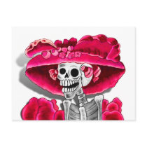 Laughing Skeleton Woman in Red Bonnet Post Cards