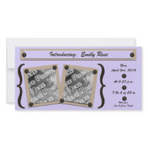 Lavender Buttons & Brackets Birth Announcement Photo Card Template