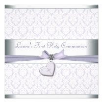 Lavender Damask Cross Girls Purple First Communion invitations