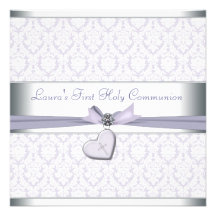 Lavender Damask Cross Girls Purple First Communion Personalized Invites