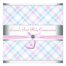 Lavender Pink Heart Pink Cross First Communion Personalized Invites