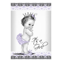 Lavender Purple and Gray Vintage Baby Girl Shower Announcement