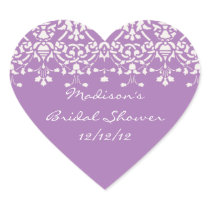 Lavender & White Damask Bride Shower Heart Sticker