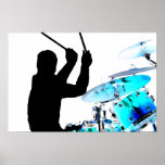 Le batteur colle dans des fûts invertis de bleu d' posters