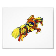 Le cheval sautant le thème bleu jaune rouge abstra impression photographique