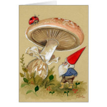 Le gnome trouvent une coccinelle et un champignon carte de vœux