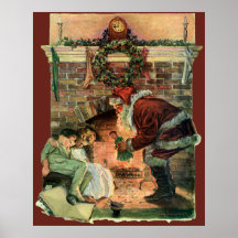 Le père noël et enfants de sommeil par la cheminée posters