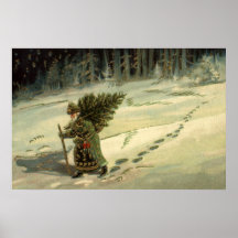 Le père noël vintage portant un arbre de Noël Posters