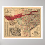 Le Texas et carte Pacifique 1873 de chemin de fer Affiches