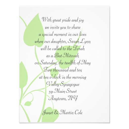 Le vert laisse le bat mitzvah invitations personnalisées