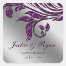 Leaf Save Date Wedding Stickers Purple Sparkle 2