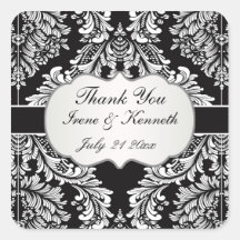 Leafy Damask white on black Wedding favour Square Sticker