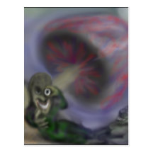 Leaning mushroom critters post card