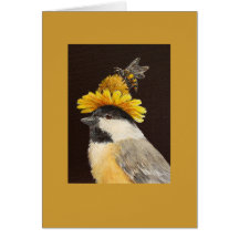 Leila the chickadee with bee and flower hat greeting card