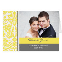 Lemon Grey Damask Wedding Thank You Card