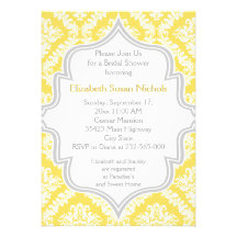 Lemon yellow, grey damask wedding bridal shower custom invites