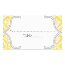 Lemon yellow, grey damask wedding place card business card template