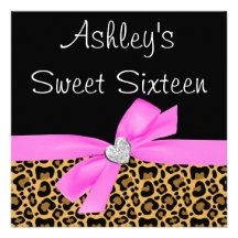 Leopard Pink Bow Diamond Sweet 16 Invitations