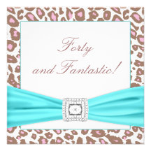 Leopard Pink Brown Teal Womans 40th Birthday Party Custom Invites