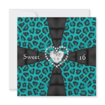 Leopard Teal Sweet 16 Sixteen Birthday Party Invite