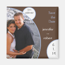 Lets Celebrate Brown and Periwinkle Save the Date Fridge Magnets