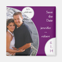 Lets Celebrate in Purple and White Save the Date Magnets