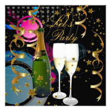 Let's Party Champagne Gold Stars Streamers Custom Invites