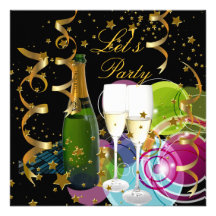 Let's Party Champagne Gold Stars Streamers Personalized Invitation