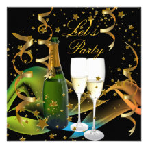 Let's Party Champagne Gold Stars Streamers Custom Invitations